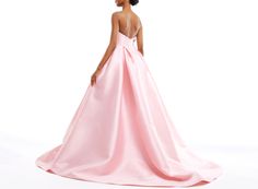 Strapless box pleat couture gown in light pink textured fabric embroidered with pink and green floral vine beading.