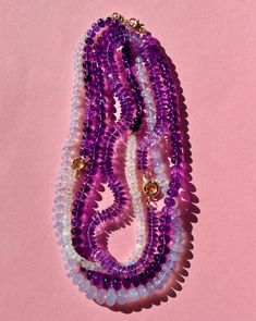 · Amethyst, graduated 9-11mm, 17.5" long· 14k gold 13mm sailor clasp + other 14k gold findings· Hand knotted with purple silk· Stones are natural so expect some variation in color· Handmade in USA· Part of the drop: 'Purple Blossoms' Multi Gemstone Necklace, Chalcedony Necklace, Chevron Earrings, Chevron Bracelet, Chevron Necklace, Chevron Ring, Necklace Craft, Purple Silk, Moonstone Necklace