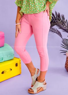 SASSY, STRETCHY, AND OH-SO-COMFY CAPRIS FOR YOUR EVERYDAY ADVENTURES! Light Pink Mid-Rise | Capri Length Pull On Jeggings Functional Front & Back Pockets Soft Feel | Super Stretchy Main: 70% Cotton 25% Polyester 5% Spandex Measurements Measurements are while laid flat and not stretched out S: 25” Waist | 9" Rise | 22" Inseam M: 26” Waist | 9.5" Rise | 22" Inseam L: 27” Waist | 10" Rise | 22" Inseam XL: 29” Waist | 11" Rise | 23" Inseam 2XL: 30” Waist | 11" Rise | 23" Inseam 3XL: 31” Waist | 11.5 Everyday Adventures, Jeggings, Final Sale, Mid Rise, Light Pink, Capri, Spandex, Pink, How To Wear