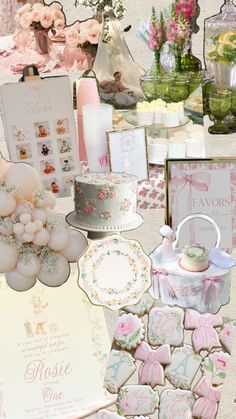 a table topped with lots of pink and white items