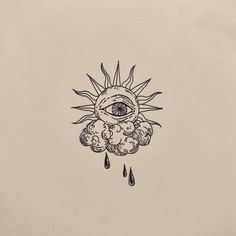 a drawing of an eye in the sky with clouds and rain coming out of it