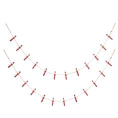 a red string with clothes pins hanging from it's sides on a white background