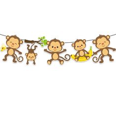 three monkeys hanging on a line with bananas and banana peels in front of them