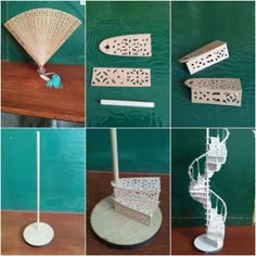 several pictures of different items made out of wood and paper, including a hand fan