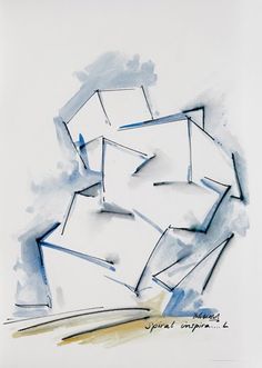 an abstract painting with blue and white shapes