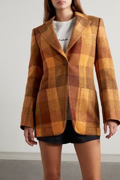 Orange Single-breasted Blazer For Fall, Designer Plaid Outerwear For Fall, Fall Orange Single Breasted Blazer, Designer Brown Wool Blazer, Designer Plaid Outerwear For Work, Designer Plaid Outerwear For Office, Classic Orange Blazer For Work, Classic Orange Blazer For Workwear, Formal Orange Outerwear For Fall