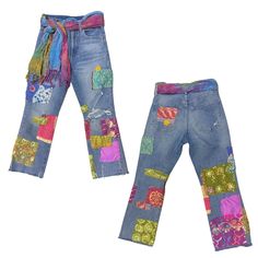 two pairs of jeans with colorful patches on them