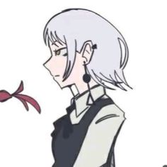 an anime character with white hair is looking at a red bow