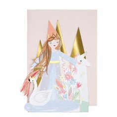 a card with a princess riding on a horse next to a white swan and unicorn