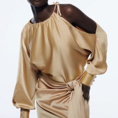 Cheap Gold Button-up Blouse, Chic Fitted Blouse With Draped Sleeves, Formal Spring Blouse With Asymmetrical Hem, Spring Formal Blouse With Asymmetrical Neckline, Asymmetrical Hem Blouse For Evening In Fall, Evening Blouse With Asymmetrical Hem For Fall, Evening Blouse With Draped Sleeves For Fall, Elegant Asymmetrical Blouse With Draped Sleeves, Elegant Blouse With Draped Asymmetrical Sleeves