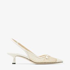 Chic and feminine, the AMITA pumps are Italian-crafted in white fishnet mesh and latte nappa. Our pointed-toe style sits on easy-to-wear 45mm heels and is detailed with a light-catching JC pearl. Step into easy elegance. White Leather Slingback Pumps With Wrapped Heel, Luxury Summer Slingback Kitten Heels, Luxury White Kitten Heels For Spring, Elegant Woven Leather Heels, Elegant Woven Leather Heels For Formal Occasions, Luxury Cream Slingback Pumps For Summer, Chic White Woven Leather Sandals, Chic Woven Leather Pointed Toe Heels, Woven Leather Pointed Toe Heels