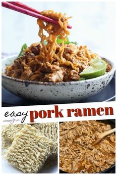 an easy pork ramen recipe is shown in four different pictures with chopsticks