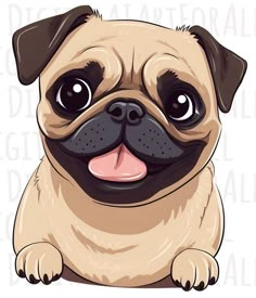 a cartoon pug dog sitting down with its tongue hanging out and eyes wide open