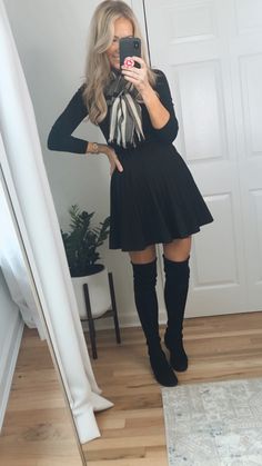 Black Fall Dress With Boots, Black Dress Tall Boots Outfit, Stuart Weitzman Lowland Outfit, Black Knee High Boots Outfit Winter Work, Tall Boots Office Outfit, Tall Black Boots With Dress, Over The Kneww Boots Outfits, Nee High Black Boots Outfit, Over The Knee Black Boots Outfit