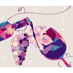 a stylized image of a wine glass and a bottle with some grapes on the vine