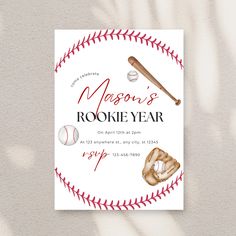 a baseball themed birthday party card with the name mason's rookie year on it