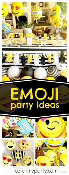 emoji party ideas with lots of yellow and black decorations, including smiley faces