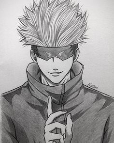 a drawing of an anime character wearing a mask and holding his finger up to the side