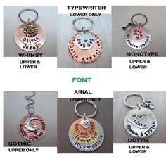 different types of personalized key chains with names and dates on them, all in different colors