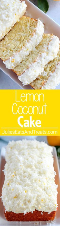 lemon coconut cake with white frosting on a plate