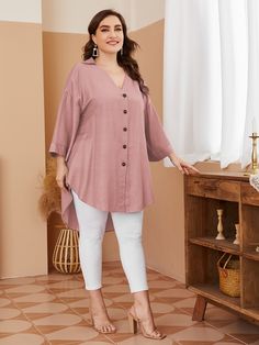 Dusty Pink Casual  Three Quarter Length Sleeve Viscose Plain Tunic Embellished Non-Stretch Spring/Fall Plus Size Tops Kurti Sleeves, Burmese Clothing, Tunic Designs, Western Tops, Dress Indian, Trendy Fashion Tops, Designer Dresses Casual, Designer Party Wear Dresses, Boutique Dress