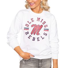 The Women's White Ole Miss Rebels Vintage Days Perfect Pullover Sweatshirt is the perfect way to show your support for the Ole Miss Rebels. Made from a lightweight blend of polyester and cotton, this sweatshirt is ideal for mild temperatures. The pullover design ensures easy wear, while the rib-knit collar, cuffs, and hem provide a comfortable fit. Whether you're cheering on the Rebels at the game or relaxing at home, this sweatshirt will keep you comfortable and stylish. Gameday Couture, Washington Huskies, Cincinnati Bearcats, Ole Miss, Ohio State Buckeyes, Pullover Designs, Crew Sweatshirts, Knit Collar, White Sweatshirt