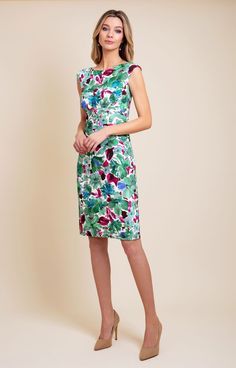 Step into the new Season with confidence. Our bold and exuberant print in luscious green, teal and raspberry floral design is pure eye-candy. Created in our form-fitting Pippa shift dress, designed for a smooth and flattering silhouette. The high neckline, raised waist and pencil skirt exudes effortless elegance - leaving you feeling confident and serene. A perfect wedding guest dress that will make you shine. Jersey shift dress in green, teal and raspberry print over an ivory ground Classic hig Waterfall Dress, Sophia Dress, Tiffany Rose, Japanese Dress, Feeling Confident, Guest Dress, Effortless Elegance, Guest Outfit, High Neckline