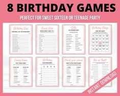 8 birthday games perfect for sweet sixteen or teenage party with free printable templates