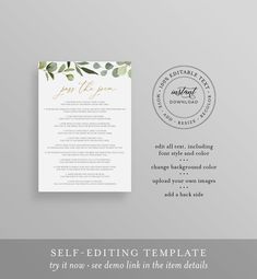 a white and green wedding program card with the words self - editing template on it