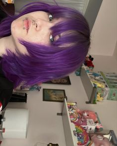 Short Purple Hair With Curtain Bangs, Short Hair Purple Color, Dark Bright Purple Hair, Short Wavy Purple Hair, Violet Hair Ideas, Purple Hair Vibrant, Dark Purple With Light Purple Highlights, Purple Hair Shadow Root, Purple Shaggy Hair