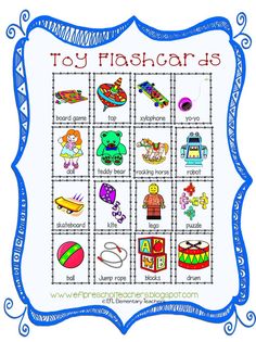 a toy flashcard with pictures of toys and words in blue on a white background