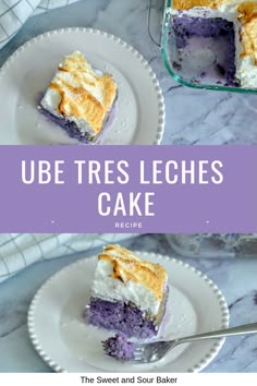 two plates with pieces of cake on them and the words, ube tress leches