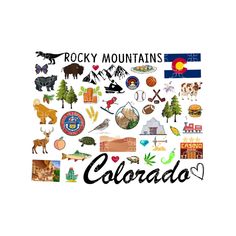 the words rocky mountains are surrounded by many different things in this graphic art work, including trees, mountains, and flags