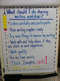 a sign with writing on it that says what should i do during writing workshop?