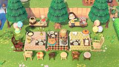 an animal crossing game is set up in the middle of a park with picnic tables and chairs