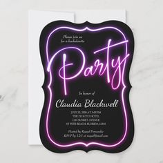 a party card with neon lights on it