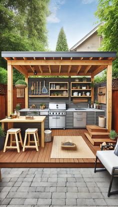 an outdoor kitchen and dining area is shown