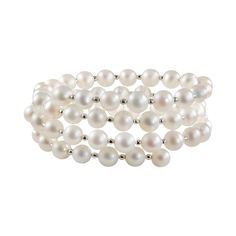 Classic elegance. Adorn your wrist with this rhodium-plated sterling silver freshwater cultured pearl coil bracelet. Comes in a white leatherette box for convenient storage and gift giving. CoiledÂ design lends a lavish look. Freshwater cultured pearls offer luminous appeal. Rhodium-plated sterling silver beads add lasting brilliance. BraceletÂ wraps around your wrist forÂ hassle-free wear. Details: Online exclusive 6-7-mm cultured pearls 2 1/2-in. diameter Rhodium-plated sterling Stackable White Pearl Bracelet, White Stackable Pearl Bracelet, Elegant Silver Stackable Wrap Bracelet, White Flexible Bracelet For Formal Occasions, Elegant White Wrap Bracelet As Gift, Elegant White Wrap Bracelet For Gift, Elegant White Wrap Bracelet Gift, White Stackable Bracelets For Formal Occasions, Elegant Silver Wrap Bracelet With Round Beads