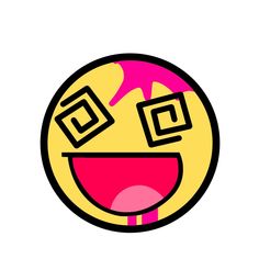 a yellow and pink smiley face with two squares on it's chest, in front of a white background