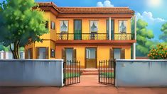 a painting of a yellow house with an iron gate