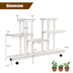 three white shelves with plants on them and measurements for each shelf in the same room