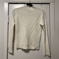 Very Flattering Sweater, Cream Color, Never Worn White Fitted Cable Knit Sweater, Fitted Cable Knit Turtleneck Top, White Stretch Cable Knit Top, Stretch White Cable Knit Top, Cream Fitted Cable Knit Top, Fitted Cream Cable Knit Top, Sweater Cream, Club Monaco, Mock Neck Sweater