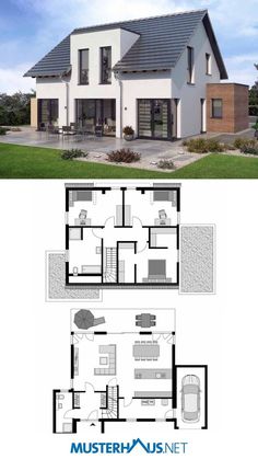 two story house plan with three levels and an open floor plan for the living room