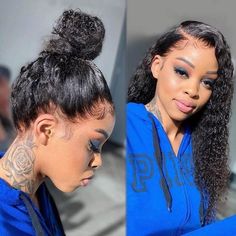 Curly 360 lace wig styled in bun and loose curls 360 Lace Frontal Wig Hairstyles, Full Frontal Wigs, Wig Baby Hair, Black Balayage, Lace Wigs Styles, Brown To Blonde Ombre, Curly Color, Hair 360, Frontal Wig Hairstyles