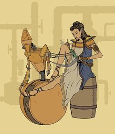 an image of a woman that is sitting on top of a barrel and holding something in her hand