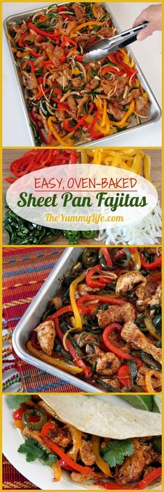 sheet pan fajitas with chicken, peppers and onions in them are ready to be eaten