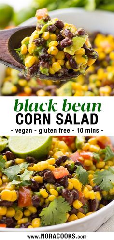 black bean corn salad with avocado and cilantro in a white bowl