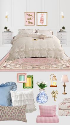 a bedroom with white walls and pink accents