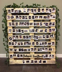 a wooden pallet with pictures on it and ivy growing over the top, in front of a wall