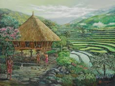 a painting of a hut in the middle of rice fields